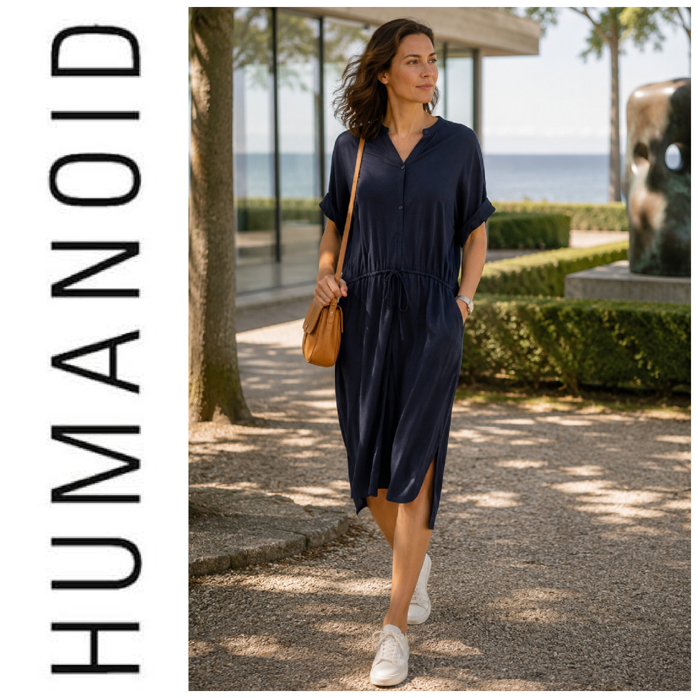 Humanoid Sz S Navy Lyocell Drawstring Shift Dress Dolman Sleeve Portugal Pockets